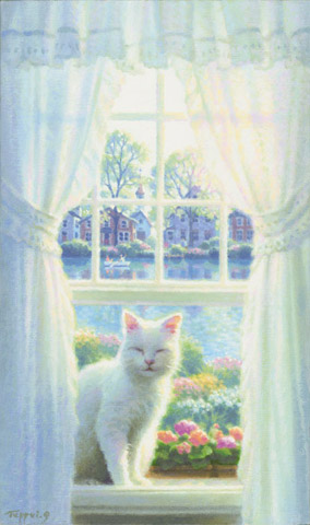 笹倉鉄平　作品　「白い猫のいる窓辺」